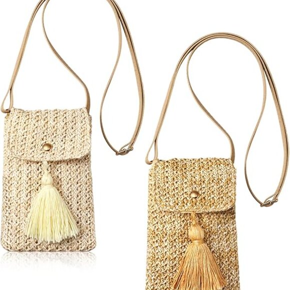 2 Pcs Straw Beach Bag for Women Summer Woven Straw Purse Cute Shoulder Crossbody Bags